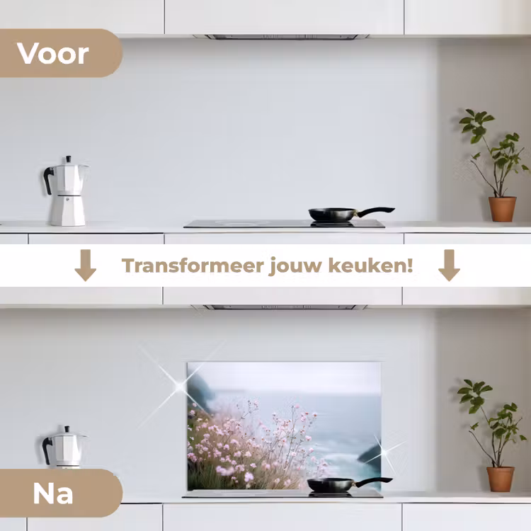 Spatscherm keuken - Klif - Bloemen - Zee - Roze — 3