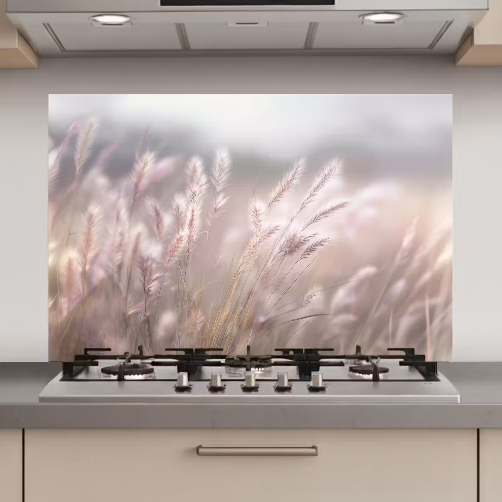 Spatscherm keuken - Graspluimen - Wind - Beige - Mistig — 1
