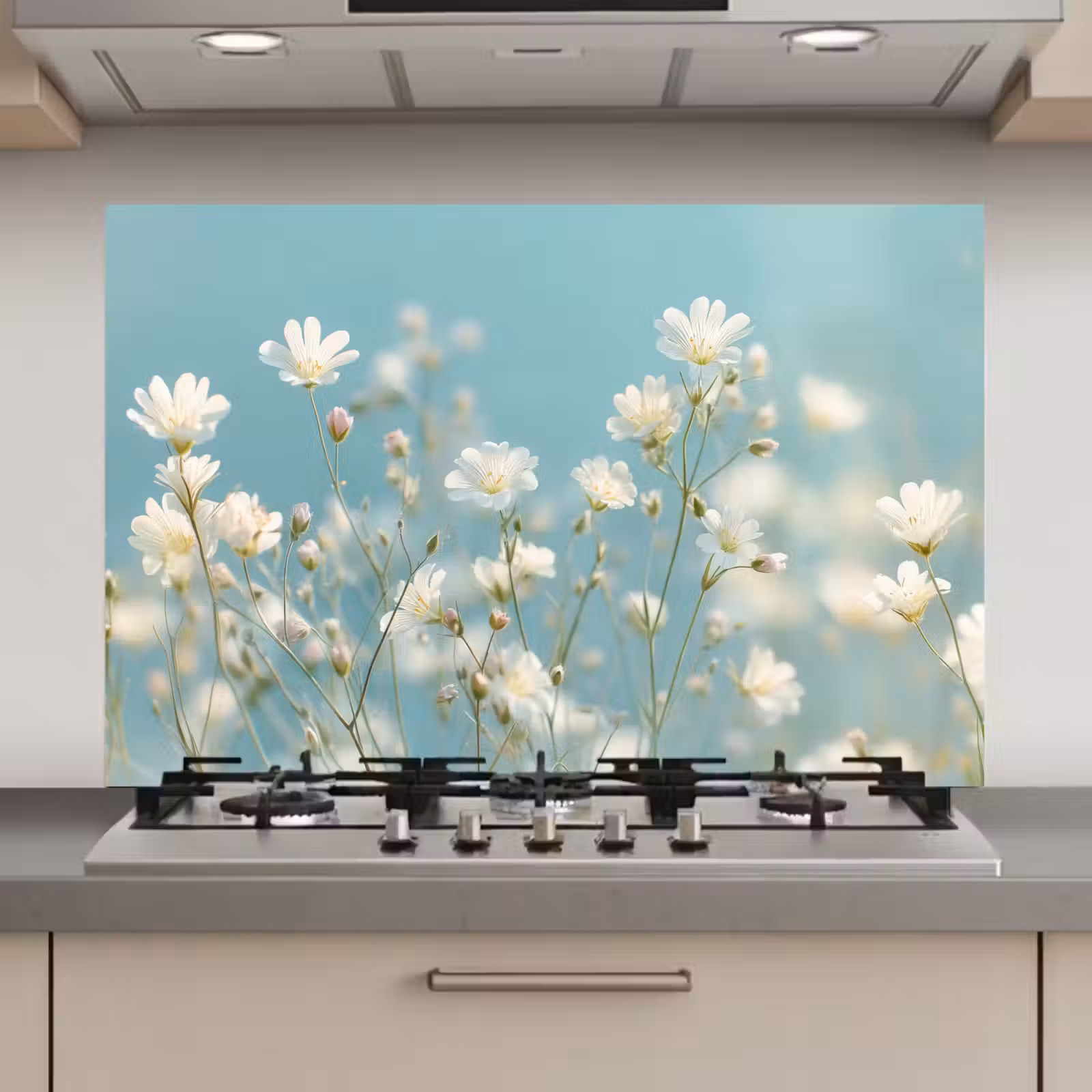 Spatscherm keuken - Stengels - Bloemen - Lucht - Wit — 1
