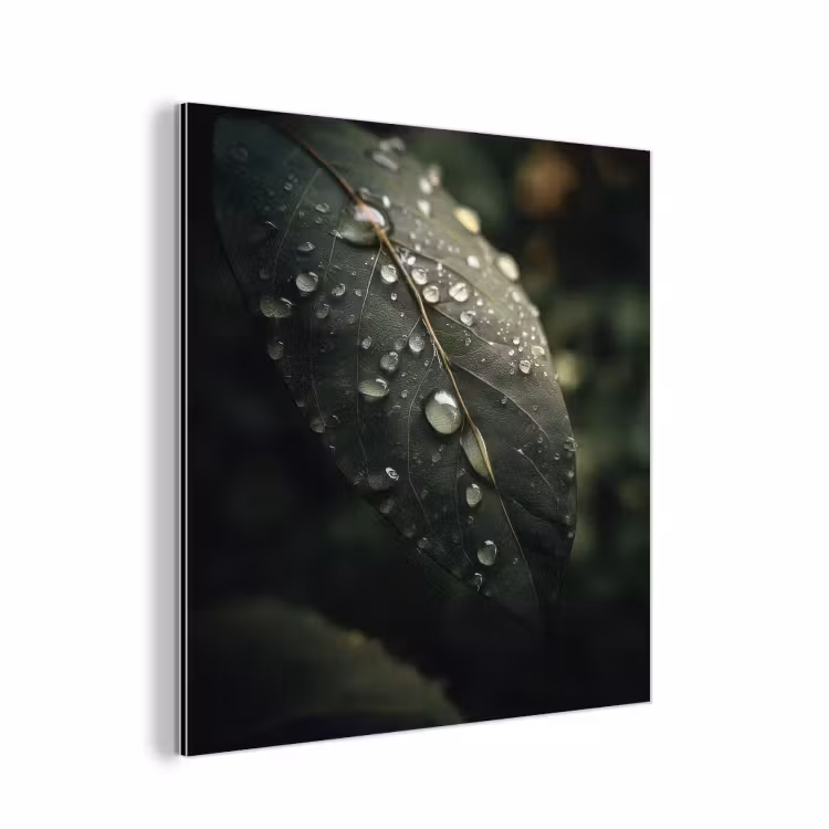 Aluminium schilderij - Blad - Groen - Nerven - Regendruppels — 1