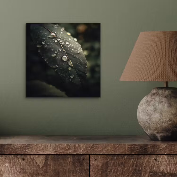 Aluminium schilderij - Blad - Groen - Nerven - Regendruppels — 3