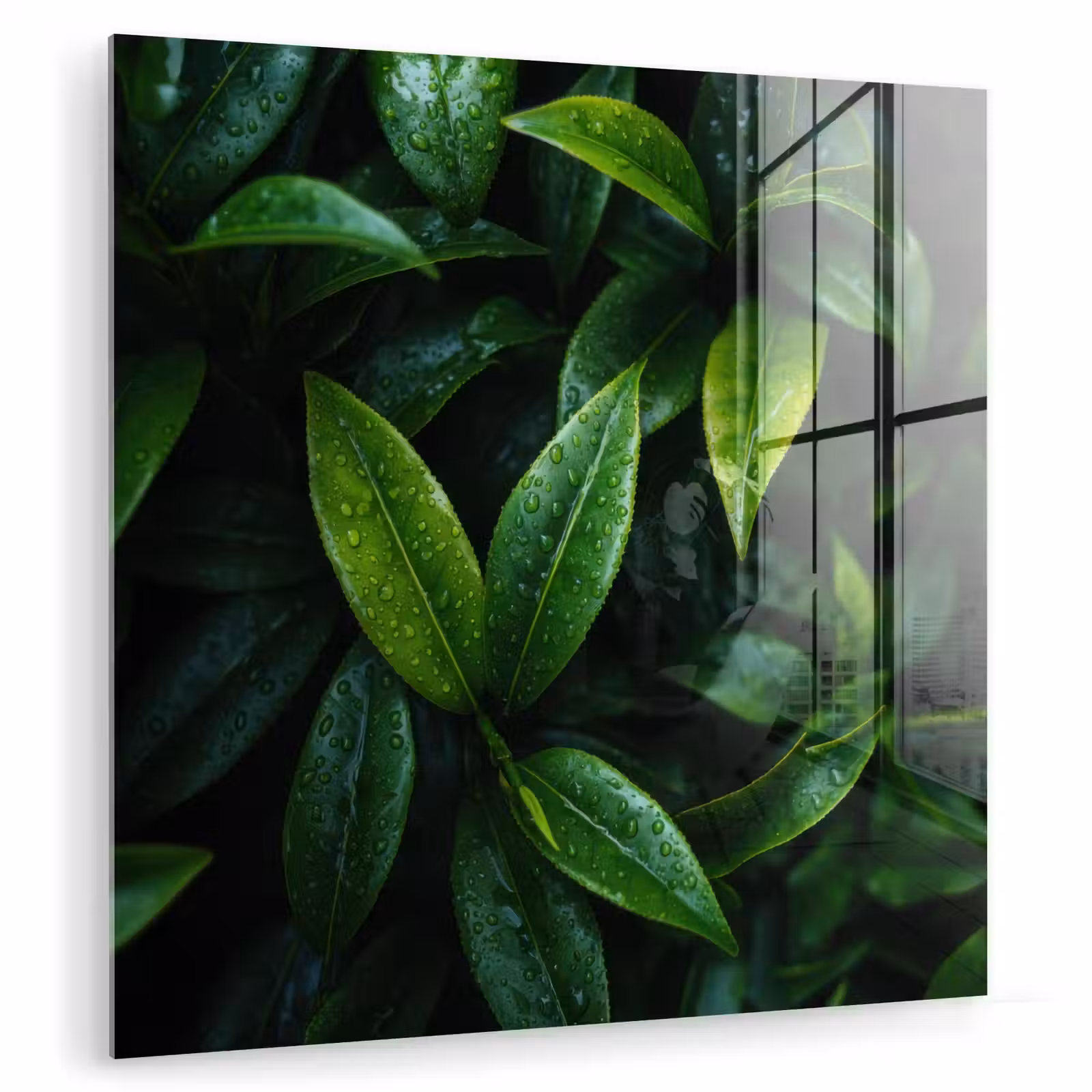 Glas schilderij - Bladeren - Regendruppels - Licht - Groen — 1