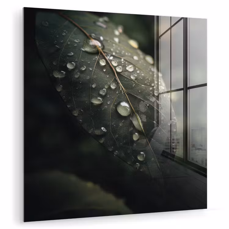 Glas schilderij - Blad - Groen - Nerven - Regendruppels — 1