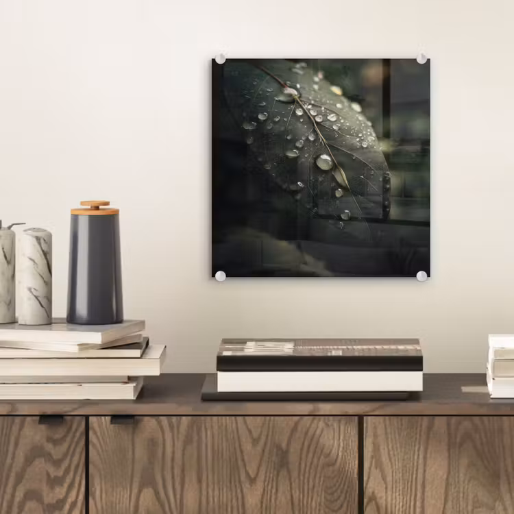 Glas schilderij - Blad - Groen - Nerven - Regendruppels — 2
