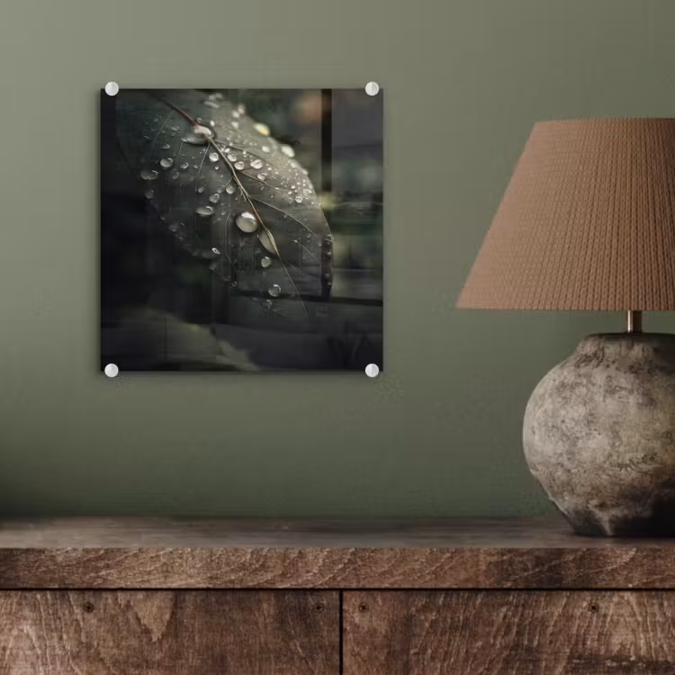 Glas schilderij - Blad - Groen - Nerven - Regendruppels — 4