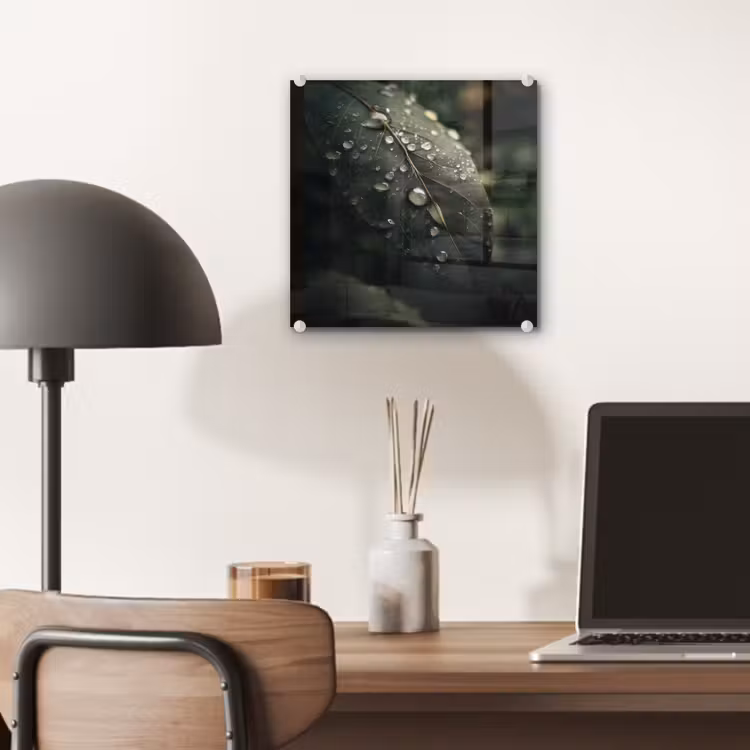 Glas schilderij - Blad - Groen - Nerven - Regendruppels — 7