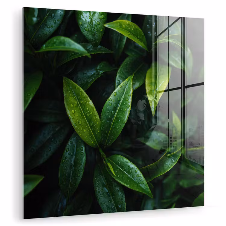 Glas schilderij - Bladeren - Regendruppels - Licht - Groen — 1