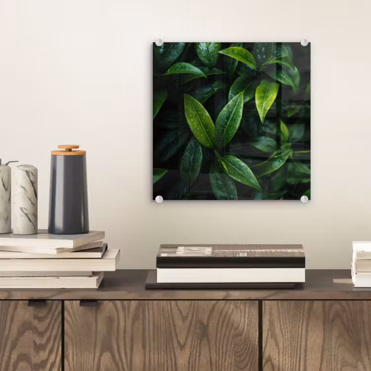Glas schilderij - Bladeren - Regendruppels - Licht - Groen — 2