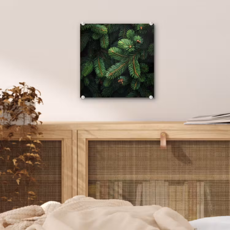 Glas schilderij - Sparrentakken - Knoppen - Naalden - Groen — 5