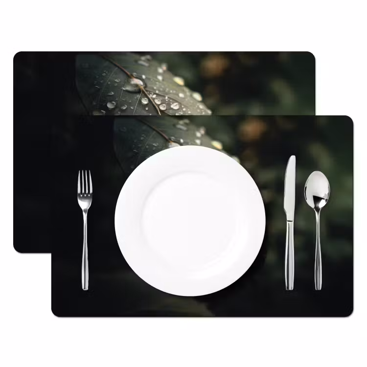 Placemat - 6 stuks - Blad - Groen - Nerven - Regendruppels — 2