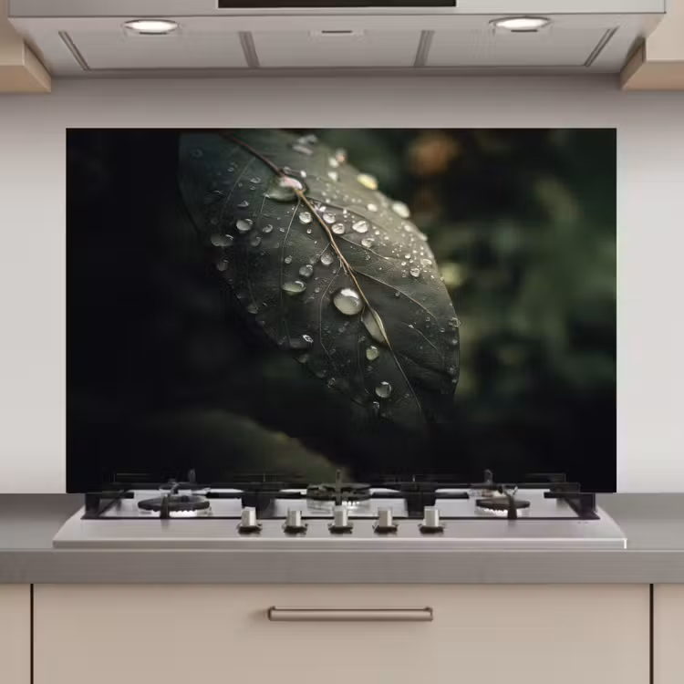 Spatscherm keuken - Blad - Groen - Nerven - Regendruppels — 1
