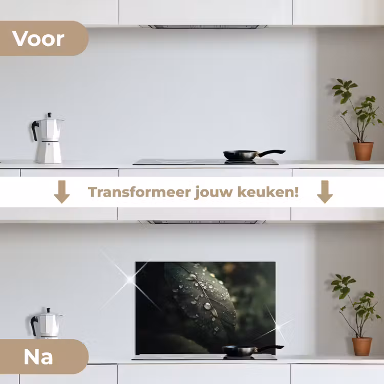 Spatscherm keuken - Blad - Groen - Nerven - Regendruppels — 3