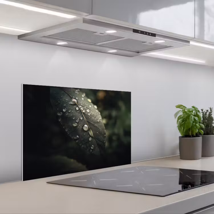 Spatscherm keuken - Blad - Groen - Nerven - Regendruppels — 5