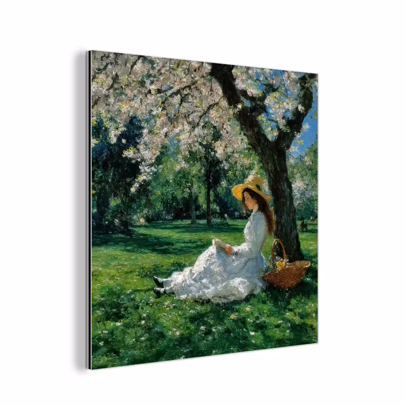 Aluminium schilderij - Vrouw - Boom - Boek - Mandje — 1