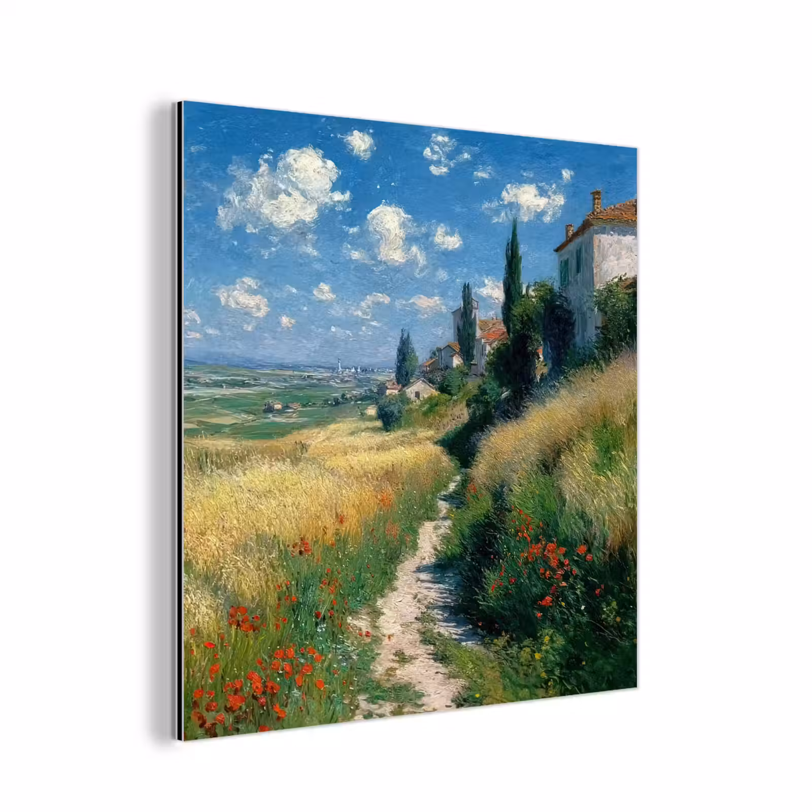 Aluminium schilderij - Zandpad - Huis - Bomen - Grasveld — 1