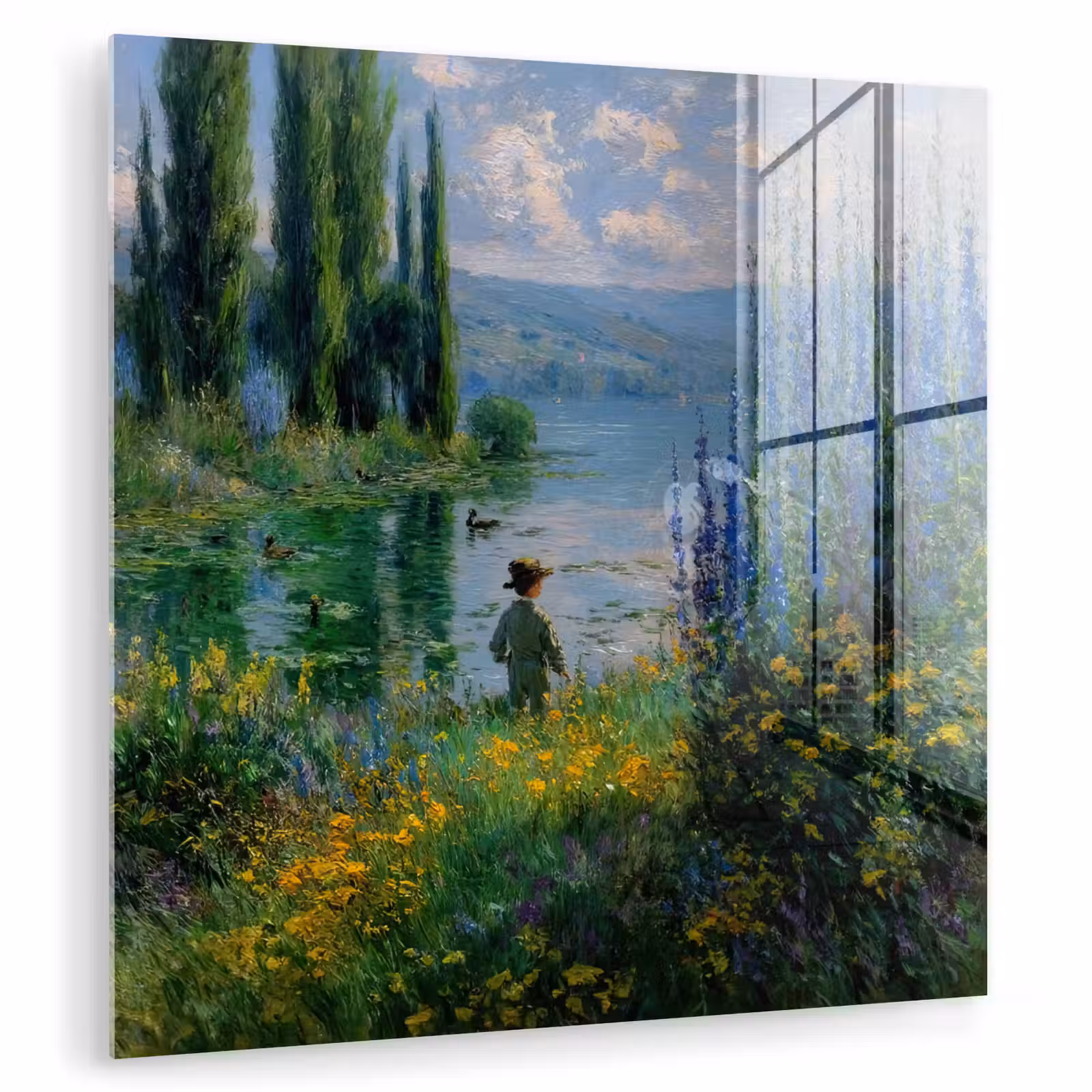 Glas schilderij - Bloemen - Meer - Bergen - Groen — 1