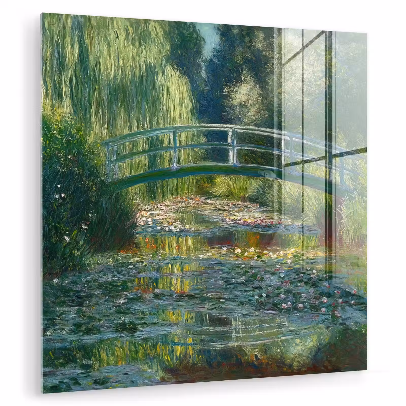 Glas schilderij - Brug - Hout - Vijver - Waterlelies — 1