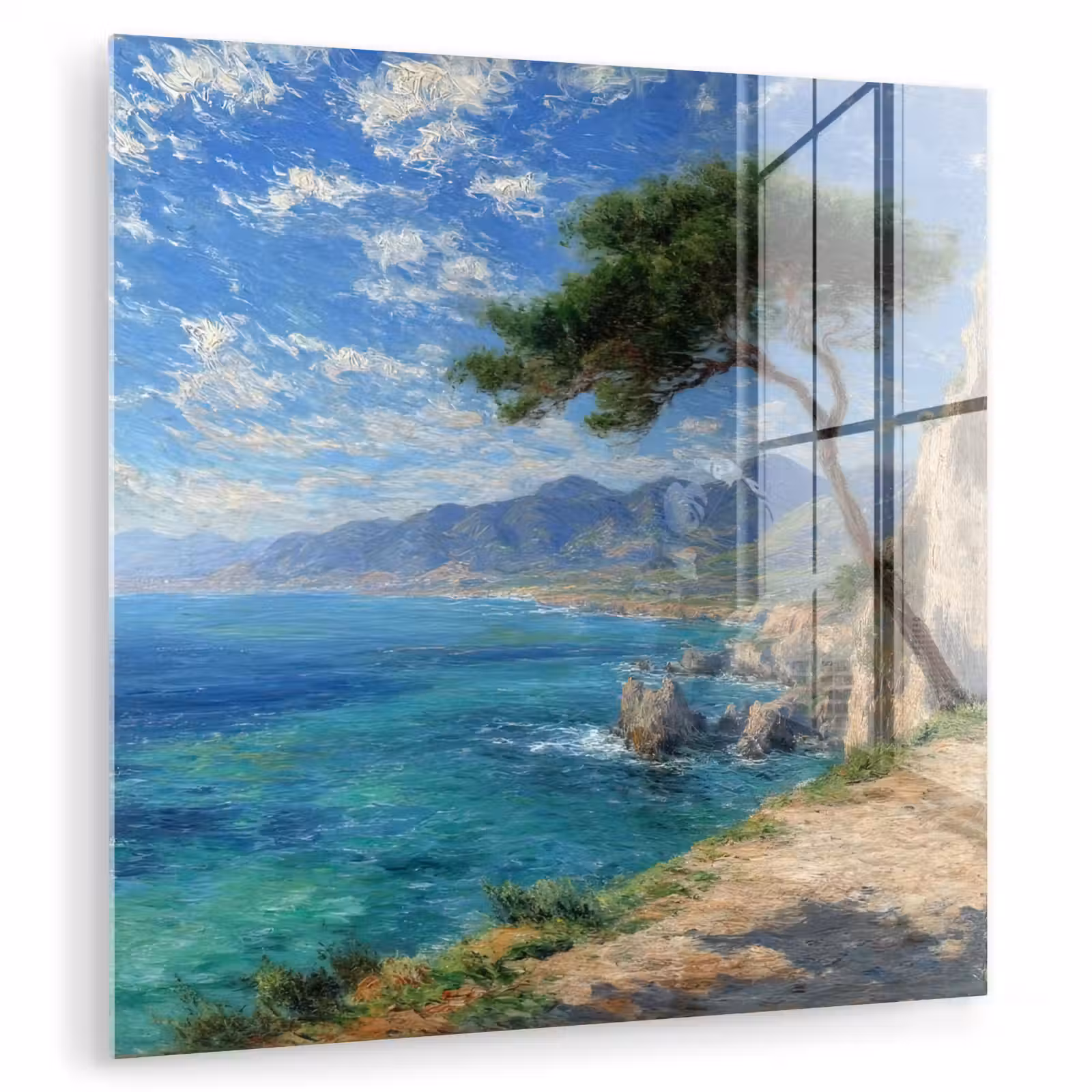 Glas schilderij - Rotsen - Kustlijn - Boom - Bergen — 1