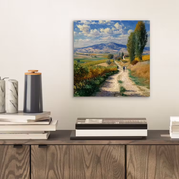 Aluminium schilderij - Mensen - Wandelen - Zandpad - Velden — 2