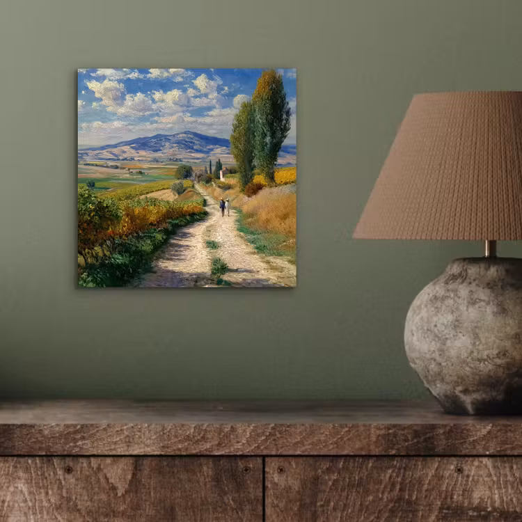 Aluminium schilderij - Mensen - Wandelen - Zandpad - Velden — 3