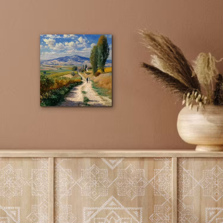 Aluminium schilderij - Mensen - Wandelen - Zandpad - Velden — 5