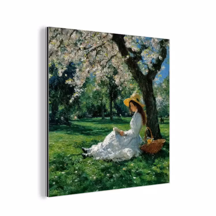 Aluminium schilderij - Vrouw - Boom - Boek - Mandje — 1