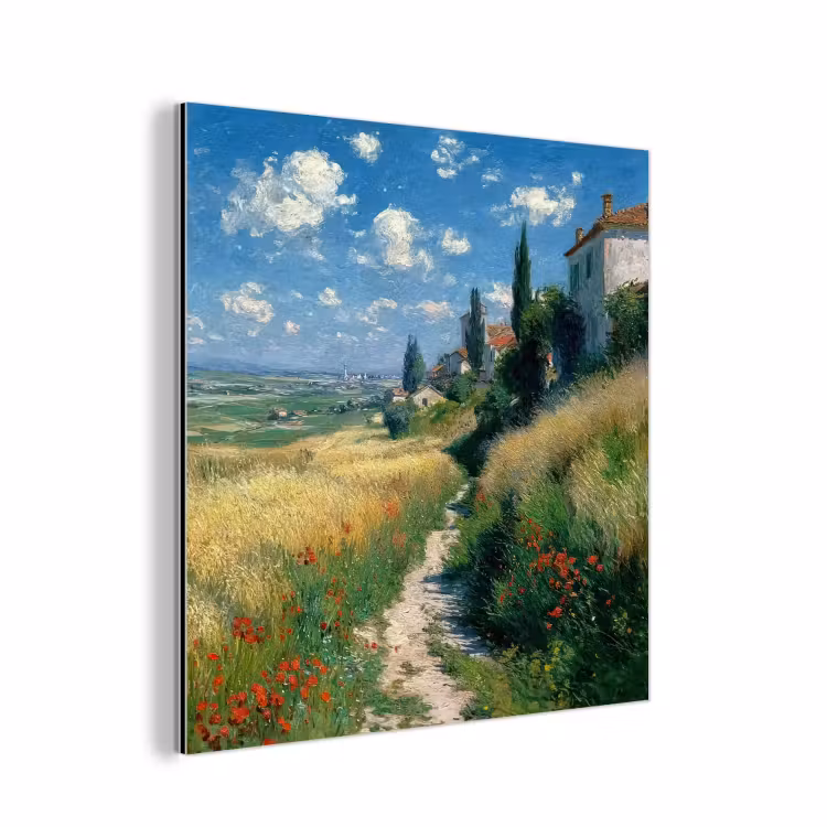 Aluminium schilderij - Zandpad - Huis - Bomen - Grasveld — 1