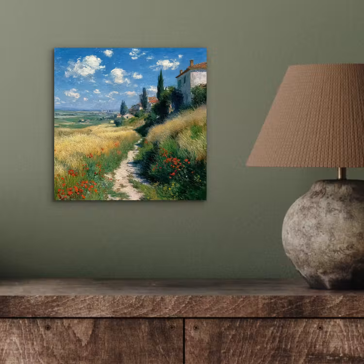 Aluminium schilderij - Zandpad - Huis - Bomen - Grasveld — 3