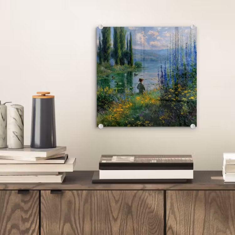Glas schilderij - Bloemen - Meer - Bergen - Groen — 2