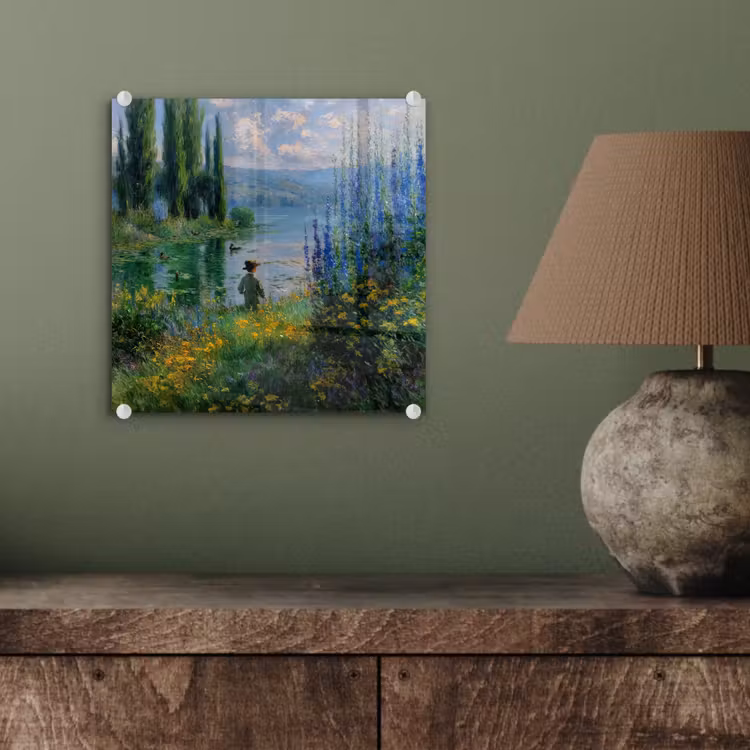Glas schilderij - Bloemen - Meer - Bergen - Groen — 4