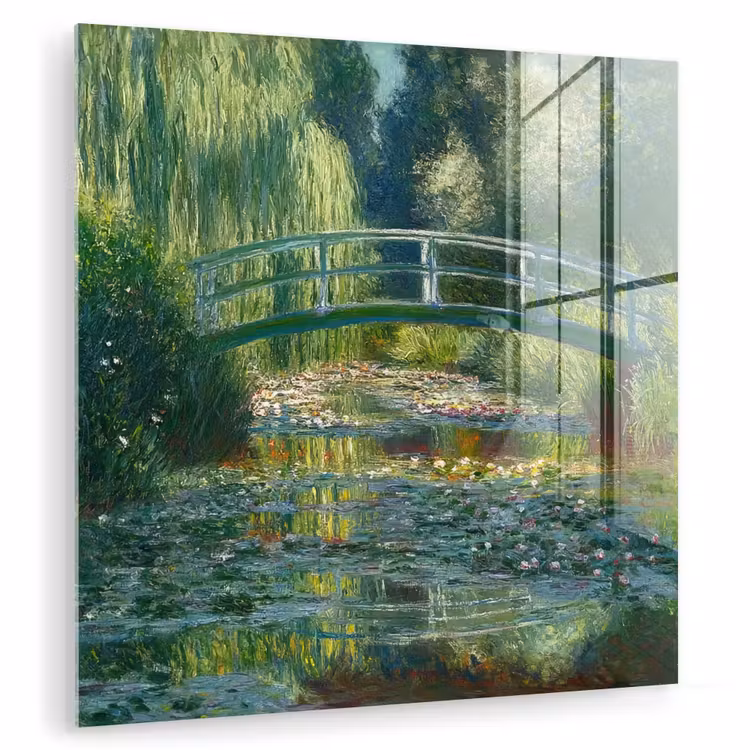 Glas schilderij - Brug - Hout - Vijver - Waterlelies — 1