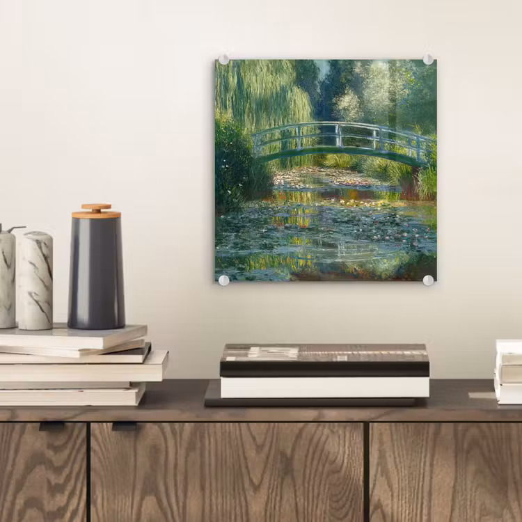 Glas schilderij - Brug - Hout - Vijver - Waterlelies — 2
