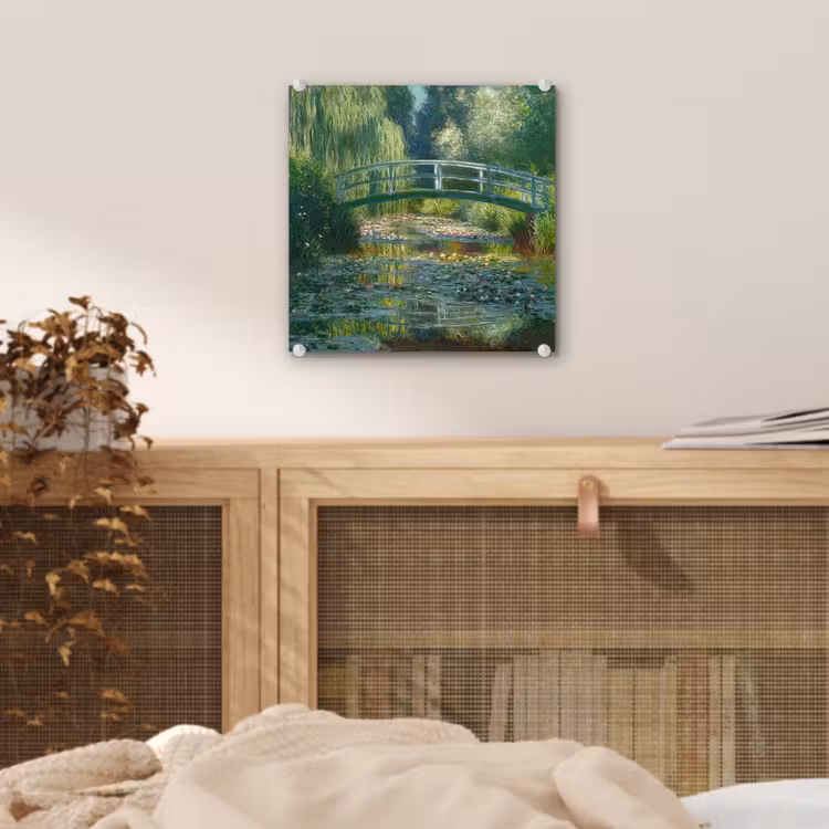 Glas schilderij - Brug - Hout - Vijver - Waterlelies — 5