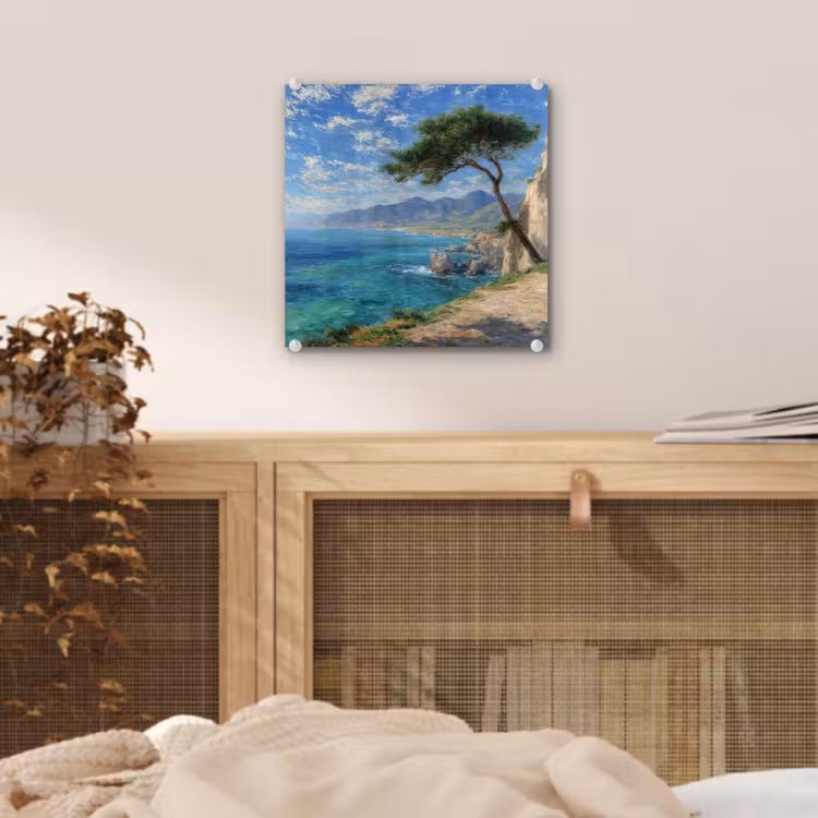 Glas schilderij - Rotsen - Kustlijn - Boom - Bergen — 5