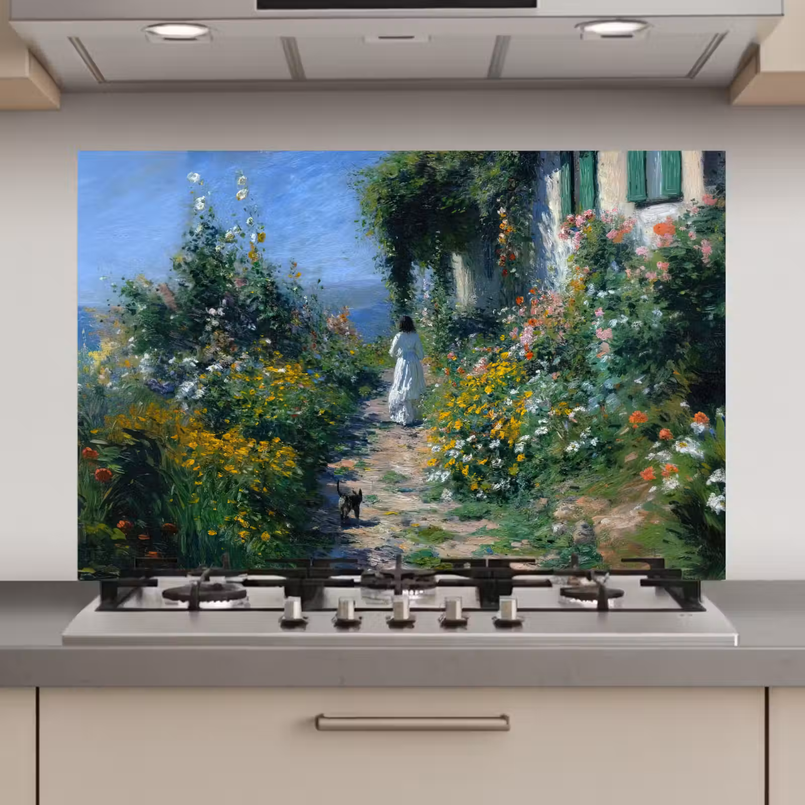 Spatscherm keuken - Kat - Vrouw - Bloemen - Huis — 1