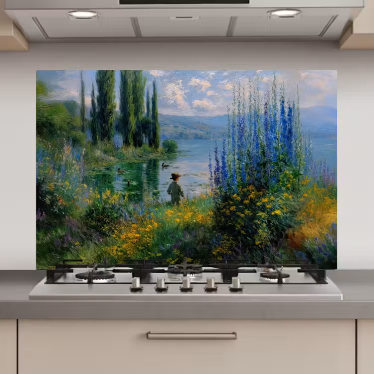 Spatscherm keuken - Bloemen - Meer - Bergen - Groen — 1