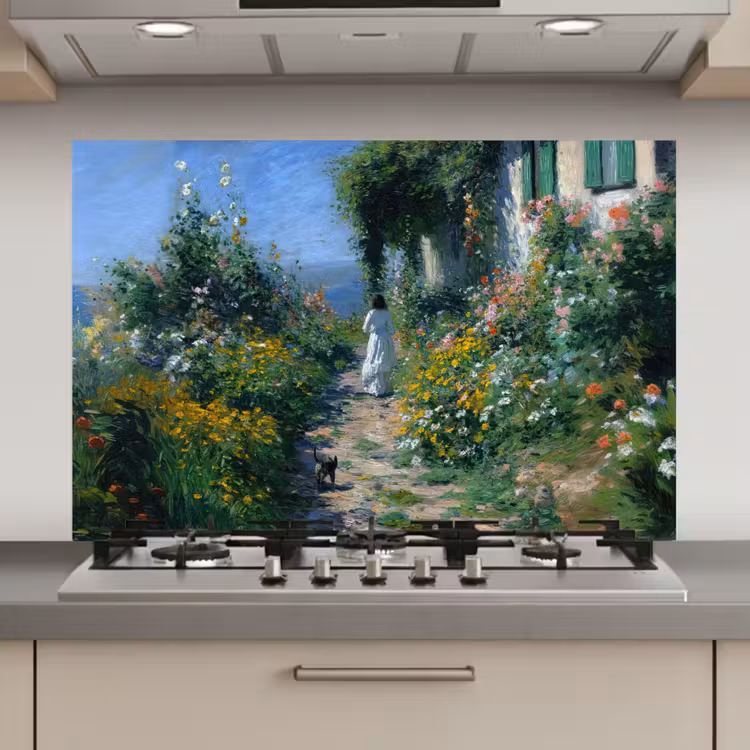 Spatscherm keuken - Kat - Vrouw - Bloemen - Huis — 1