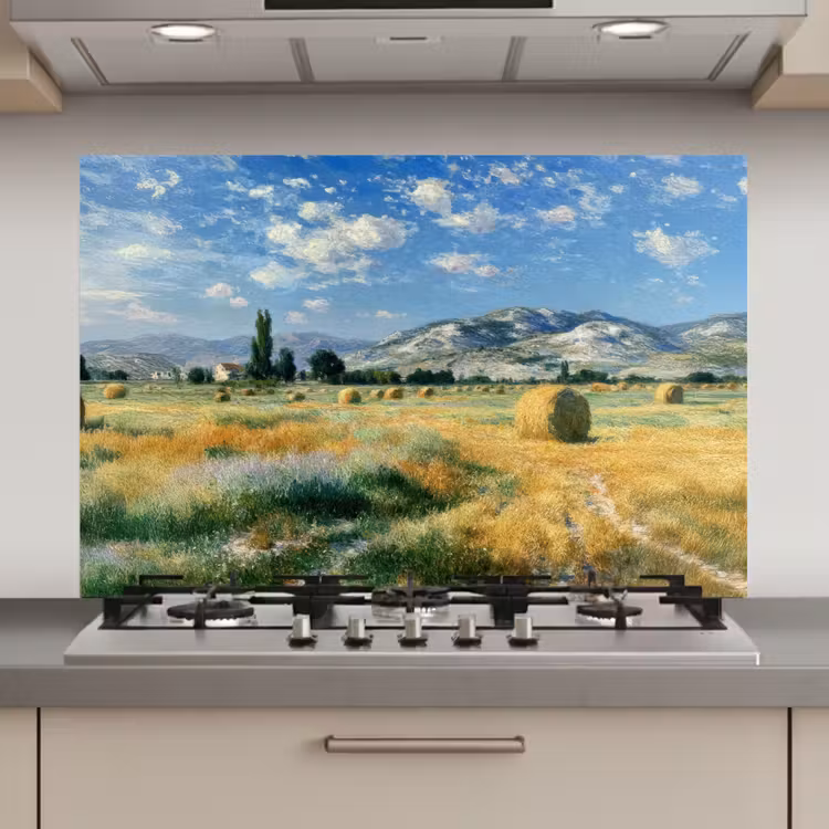 Spatscherm keuken - Landschap - Strobalen - Bergen - Wolken — 1