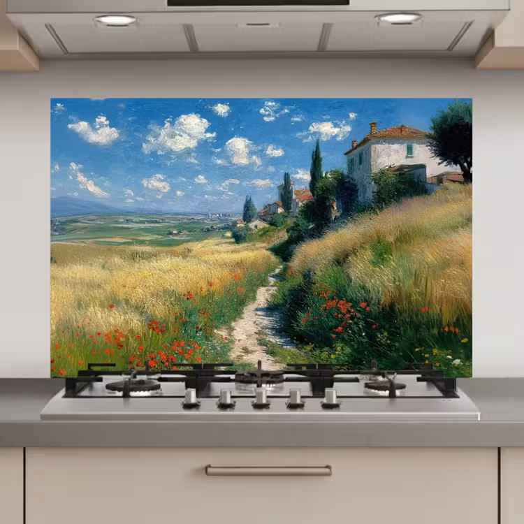 Spatscherm keuken - Zandpad - Huis - Bomen - Grasveld — 1