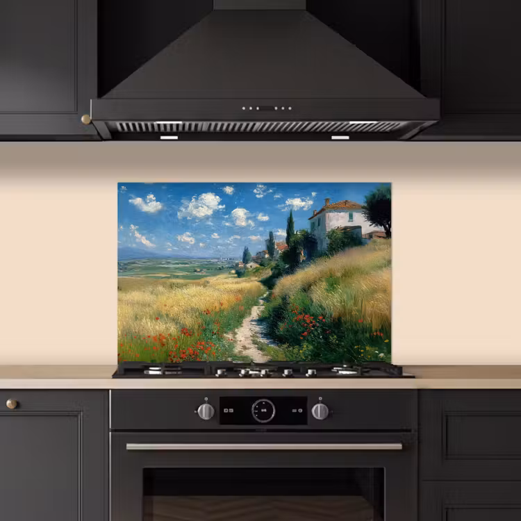 Spatscherm keuken - Zandpad - Huis - Bomen - Grasveld — 2