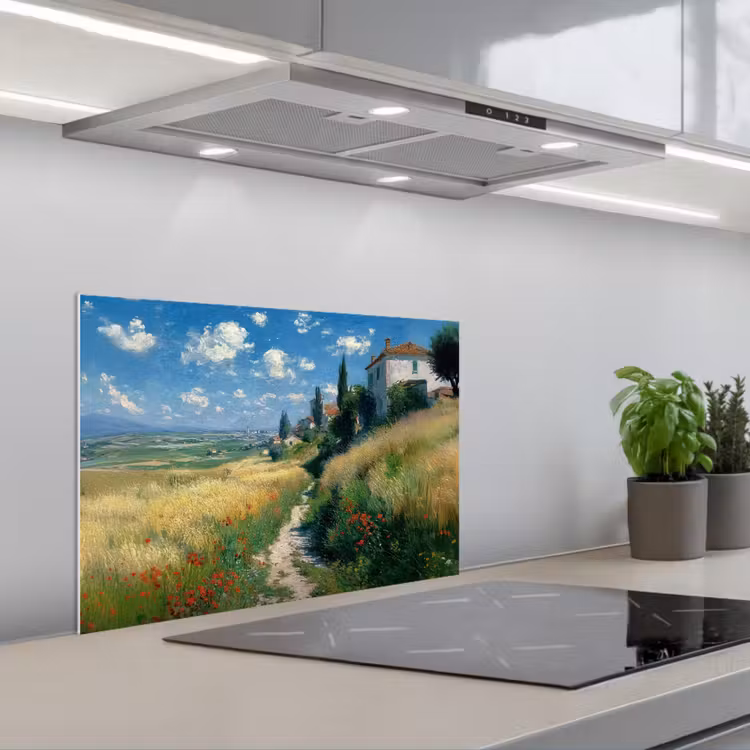 Spatscherm keuken - Zandpad - Huis - Bomen - Grasveld — 5