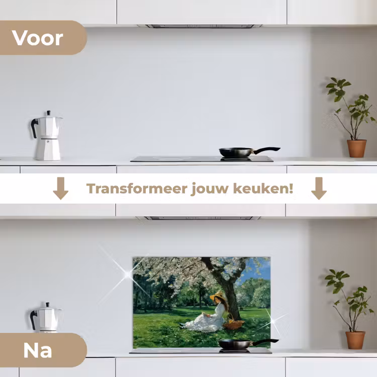 Spatscherm keuken - Vrouw - Boom - Boek - Mandje — 3