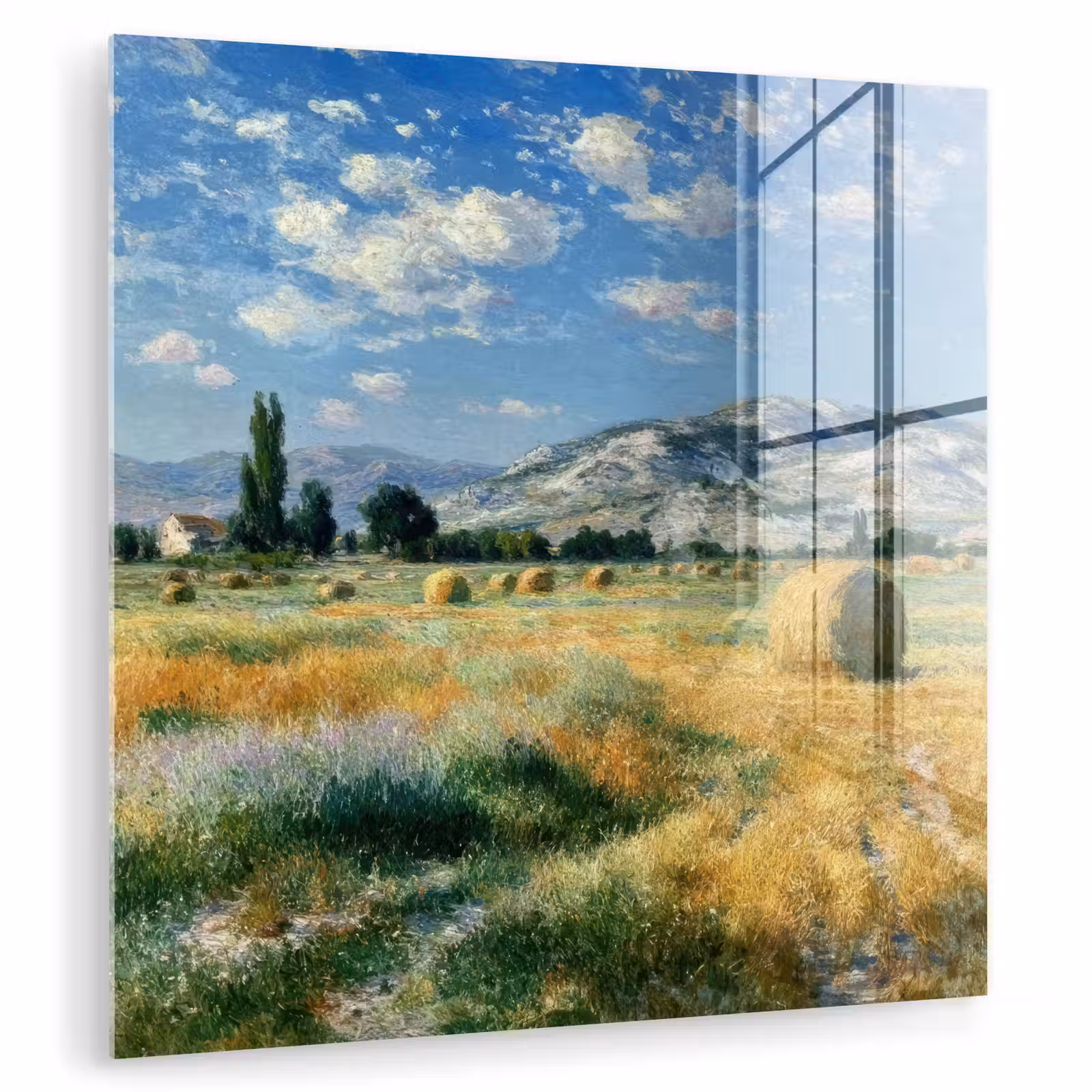 Glas schilderij - Landschap - Strobalen - Bergen - Wolken — 1