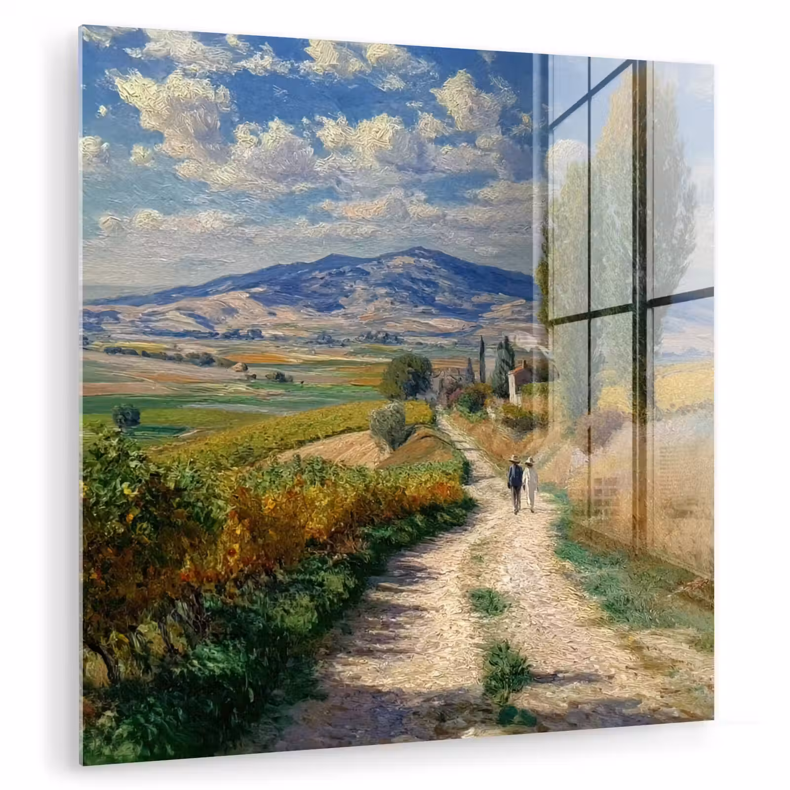 Glas schilderij - Mensen - Wandelen - Zandpad - Velden — 1
