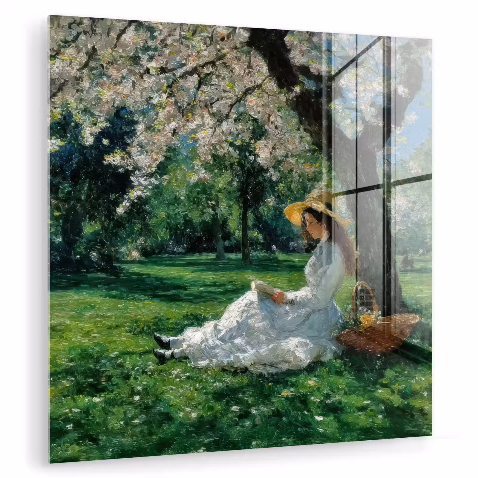 Glas schilderij - Vrouw - Boom - Boek - Mandje — 1