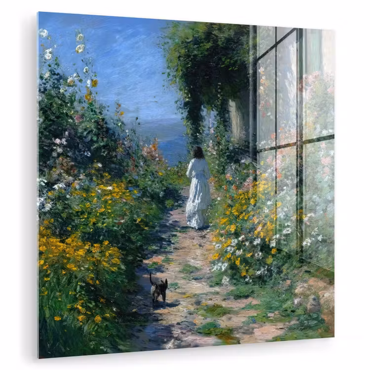 Glas schilderij - Kat - Vrouw - Bloemen - Huis — 1
