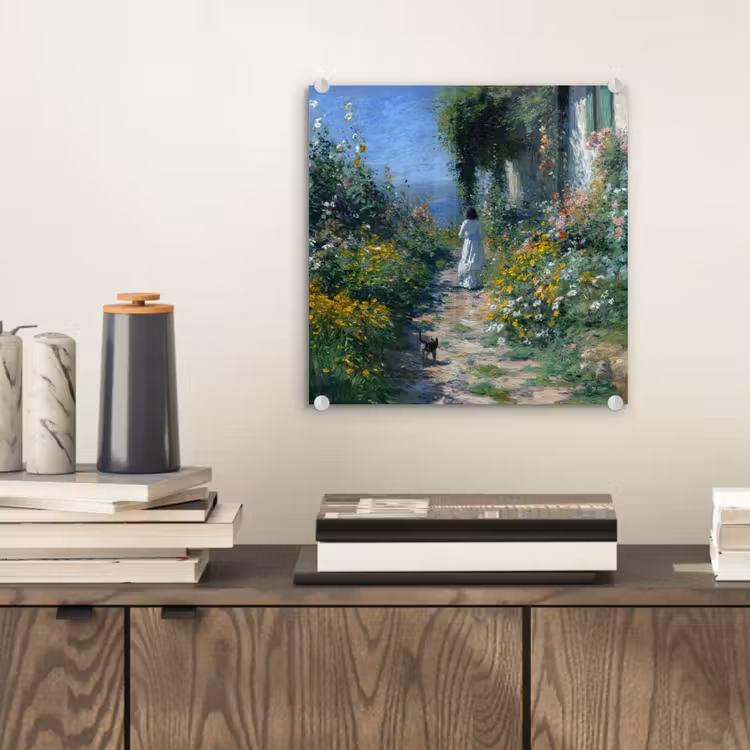 Glas schilderij - Kat - Vrouw - Bloemen - Huis — 2