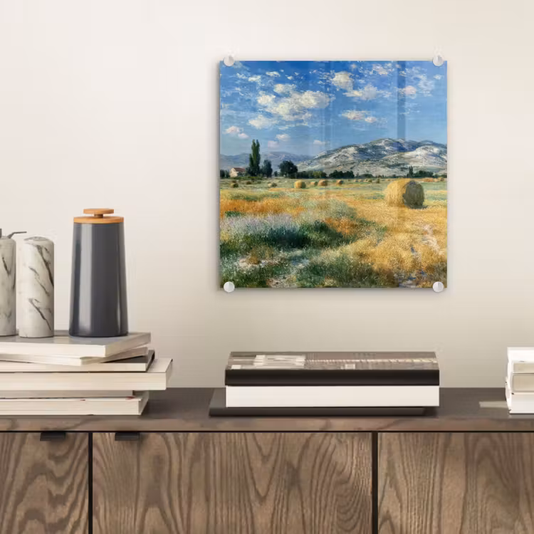 Glas schilderij - Landschap - Strobalen - Bergen - Wolken — 2