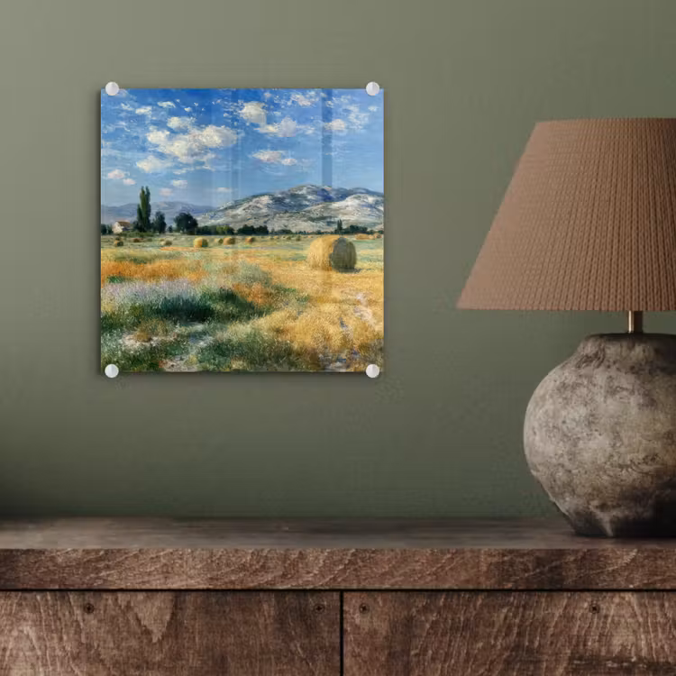 Glas schilderij - Landschap - Strobalen - Bergen - Wolken — 4