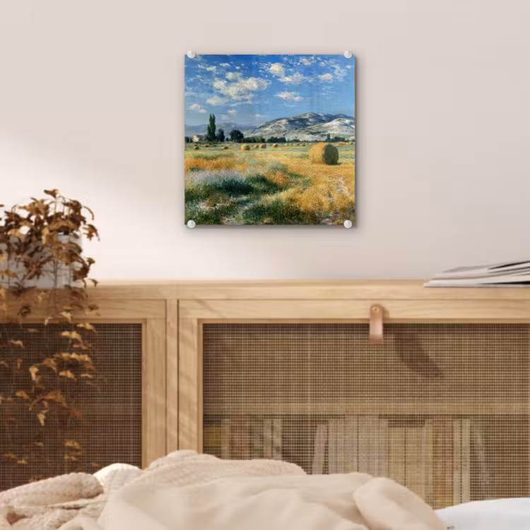 Glas schilderij - Landschap - Strobalen - Bergen - Wolken — 5
